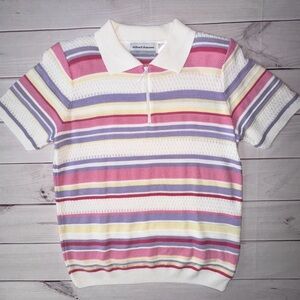 Alfred Dunner Petite PS Knit Polo Sweater Top – Pastel Striped Church Officewear